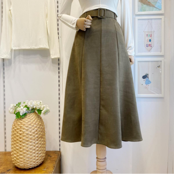 Haki Yeşili Kemerli Dikiş Detaylı Süet Etek