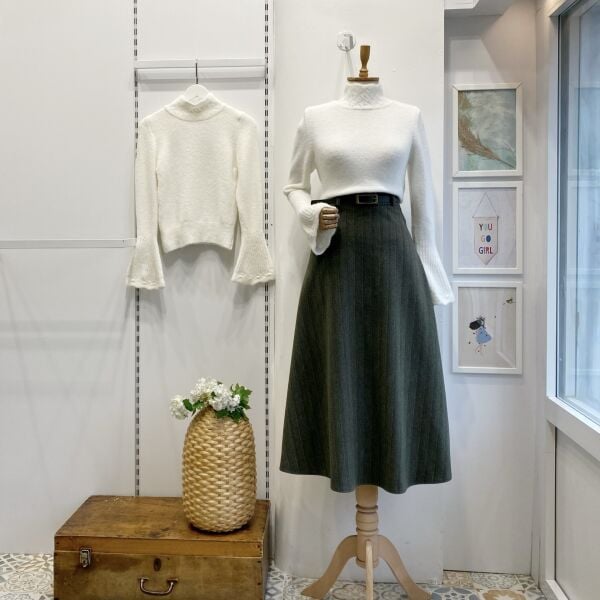 Koyu Yeşil Kemerli Çizgi Desenli Kaşe Etek