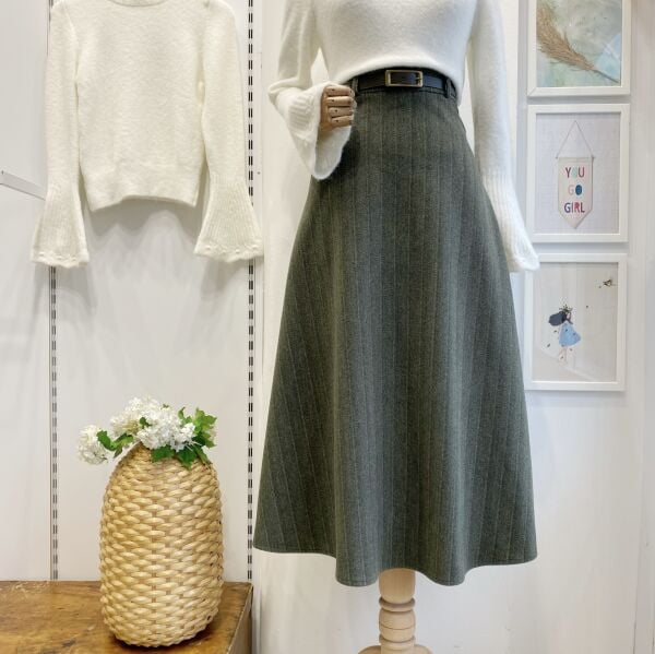 Koyu Yeşil Kemerli Çizgi Desenli Kaşe Etek