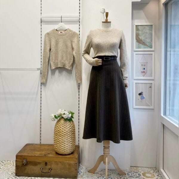 Kahverengi Kemerli Çizgi Desenli Kaşe Etek