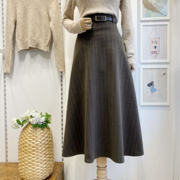 Kahverengi Kemerli Çizgi Desenli Kaşe Etek