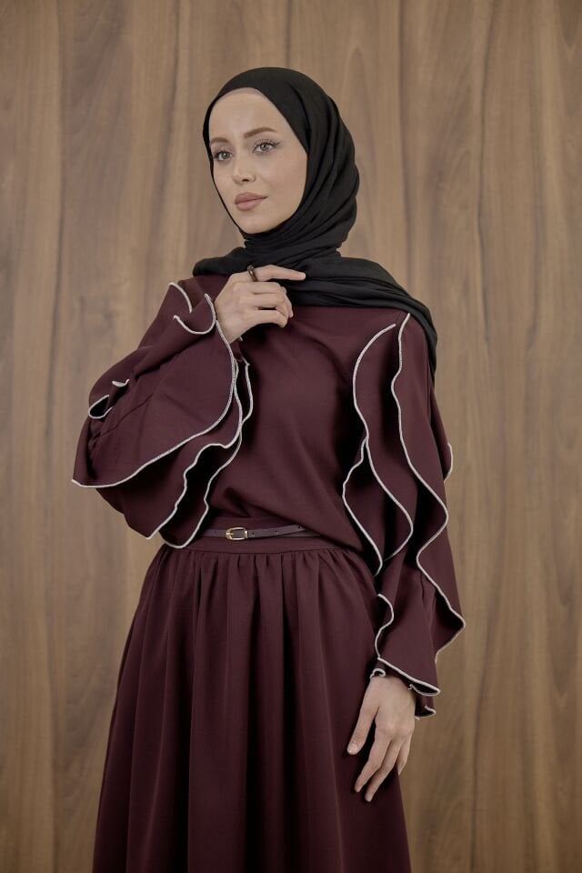 Bordo Biye Detaylı Velmira Takım