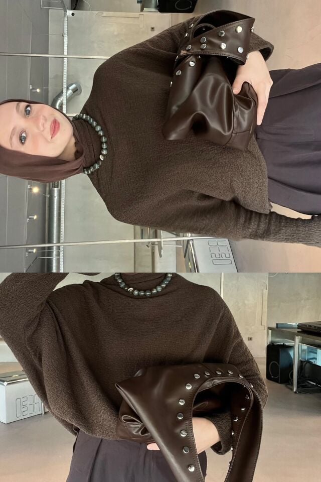 Faya Girls  x Kahverengi Buma Örme Yarasa Kol Triko Bluz