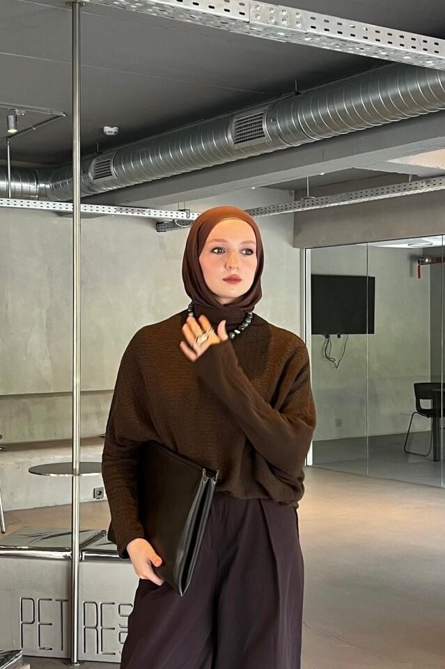 Faya Girls  x Kahverengi Buma Örme Yarasa Kol Triko Bluz
