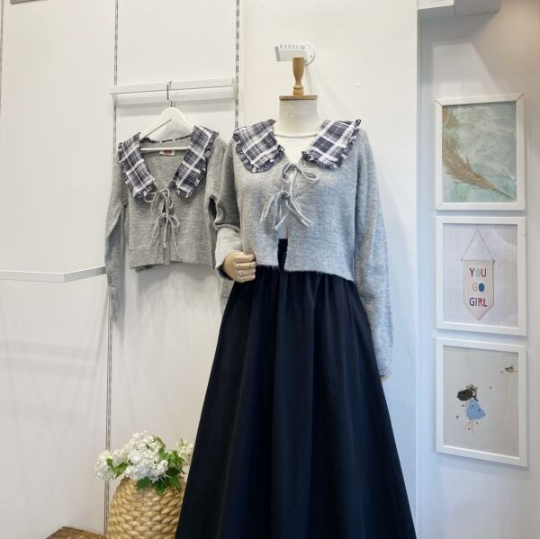 Ekose Yakalı Gri Hırka