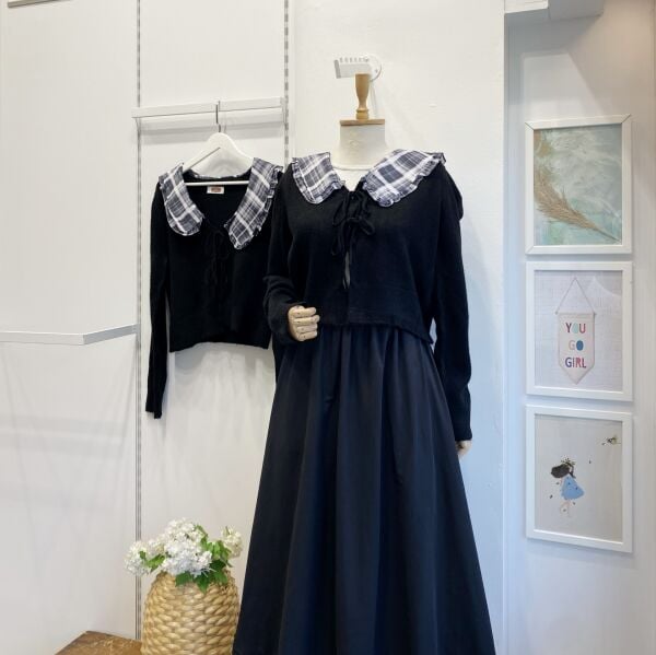 Ekose Yakalı Siyah Hırka