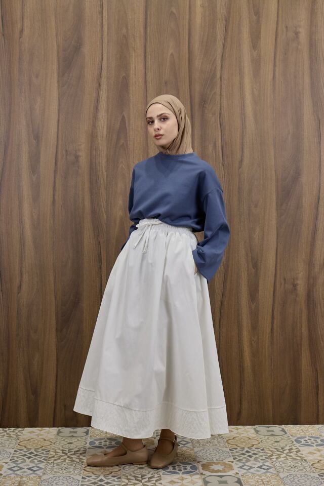 Beyaz Beli Lastikli Zeran Etek