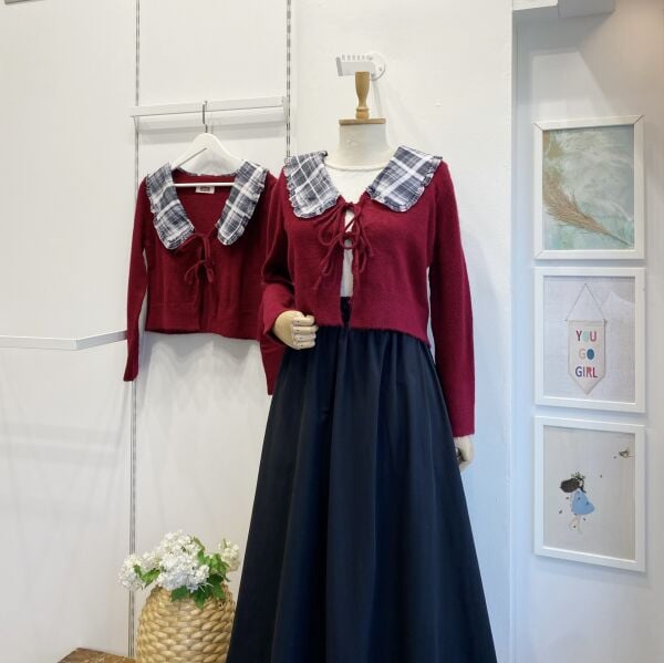 Ekose Yakalı Bordo Hırka