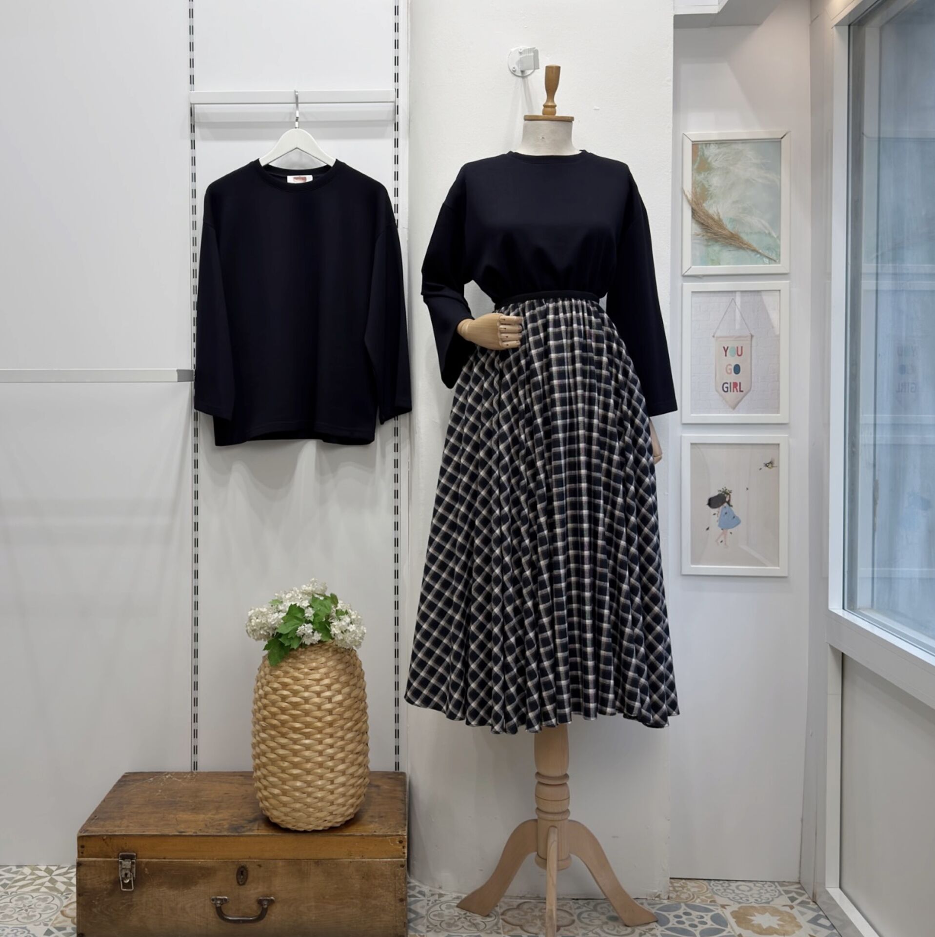 Lacivert Beli Lastikli Ekose Desenli Kloş Etek