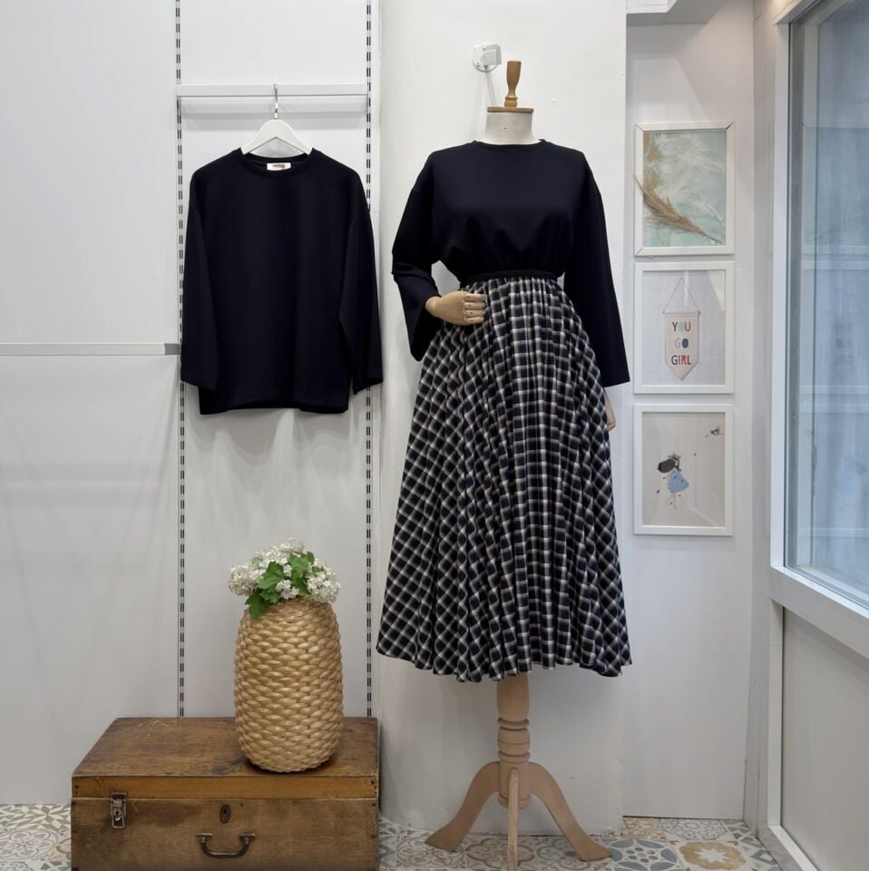 Lacivert Beli Lastikli Ekose Desenli Kloş Etek