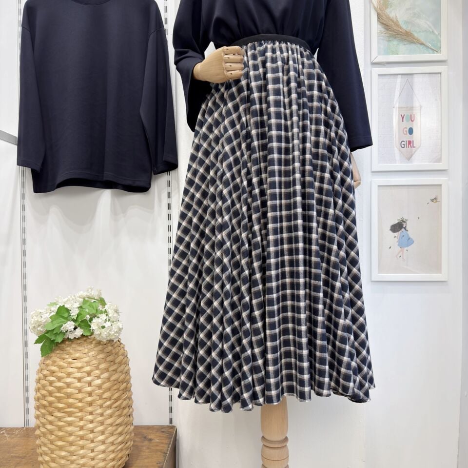 Lacivert Beli Lastikli Ekose Desenli Kloş Etek