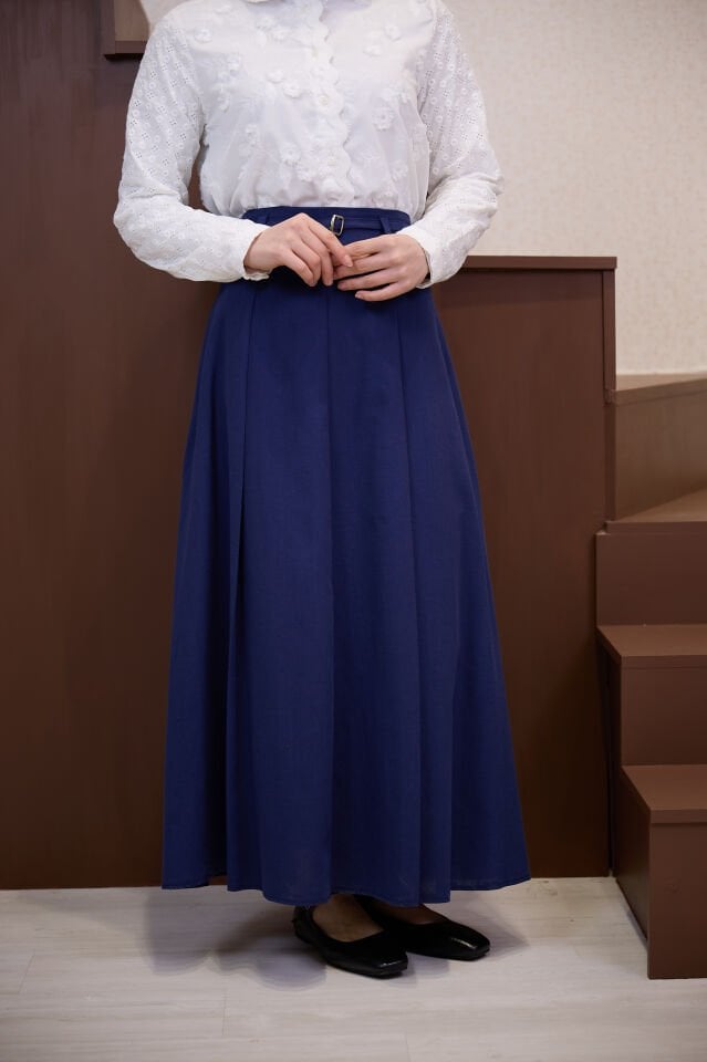 Lacivert Pile Detaylı Keten Etek