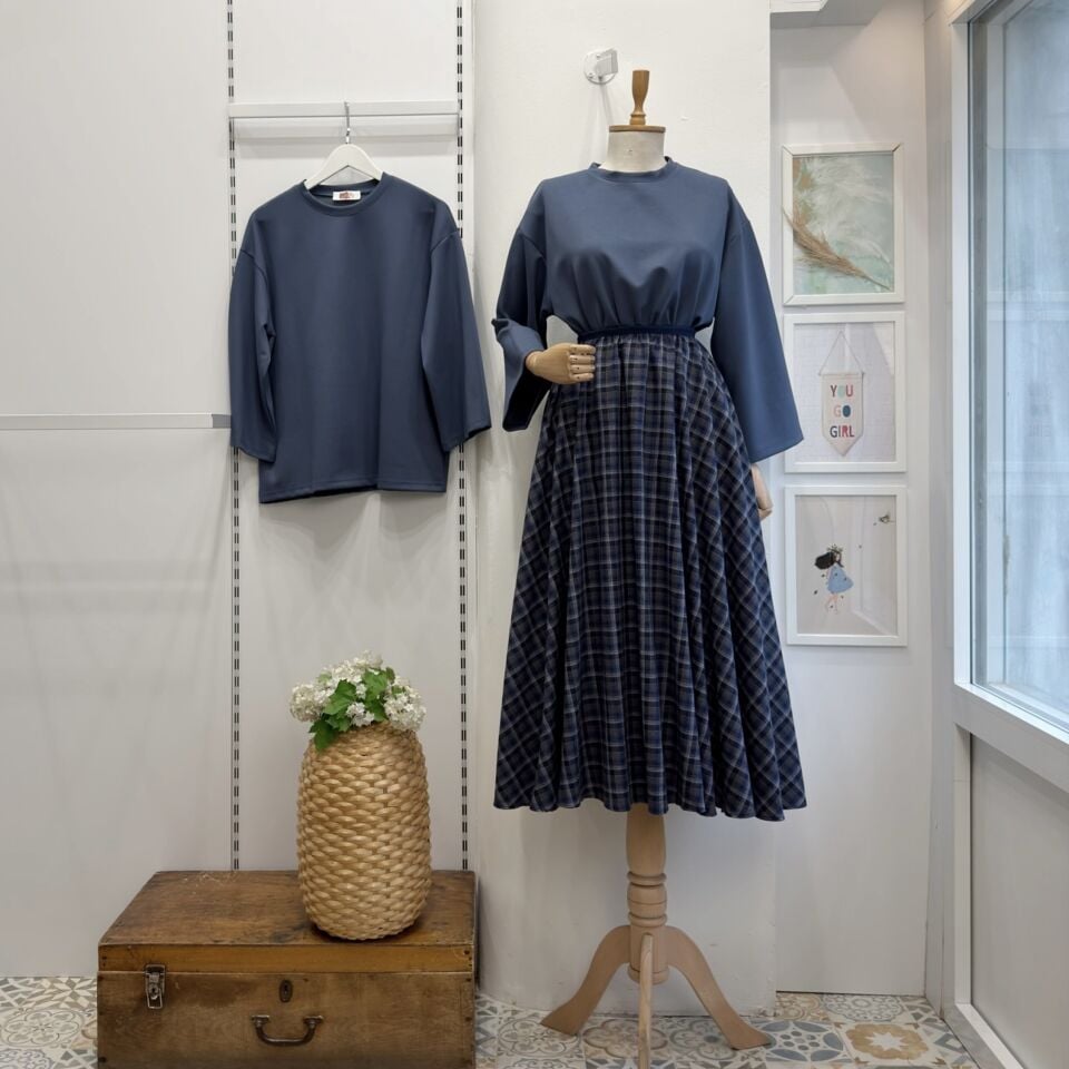 İndigo Mavi Beli Lastikli Ekose Desenli Kloş Etek