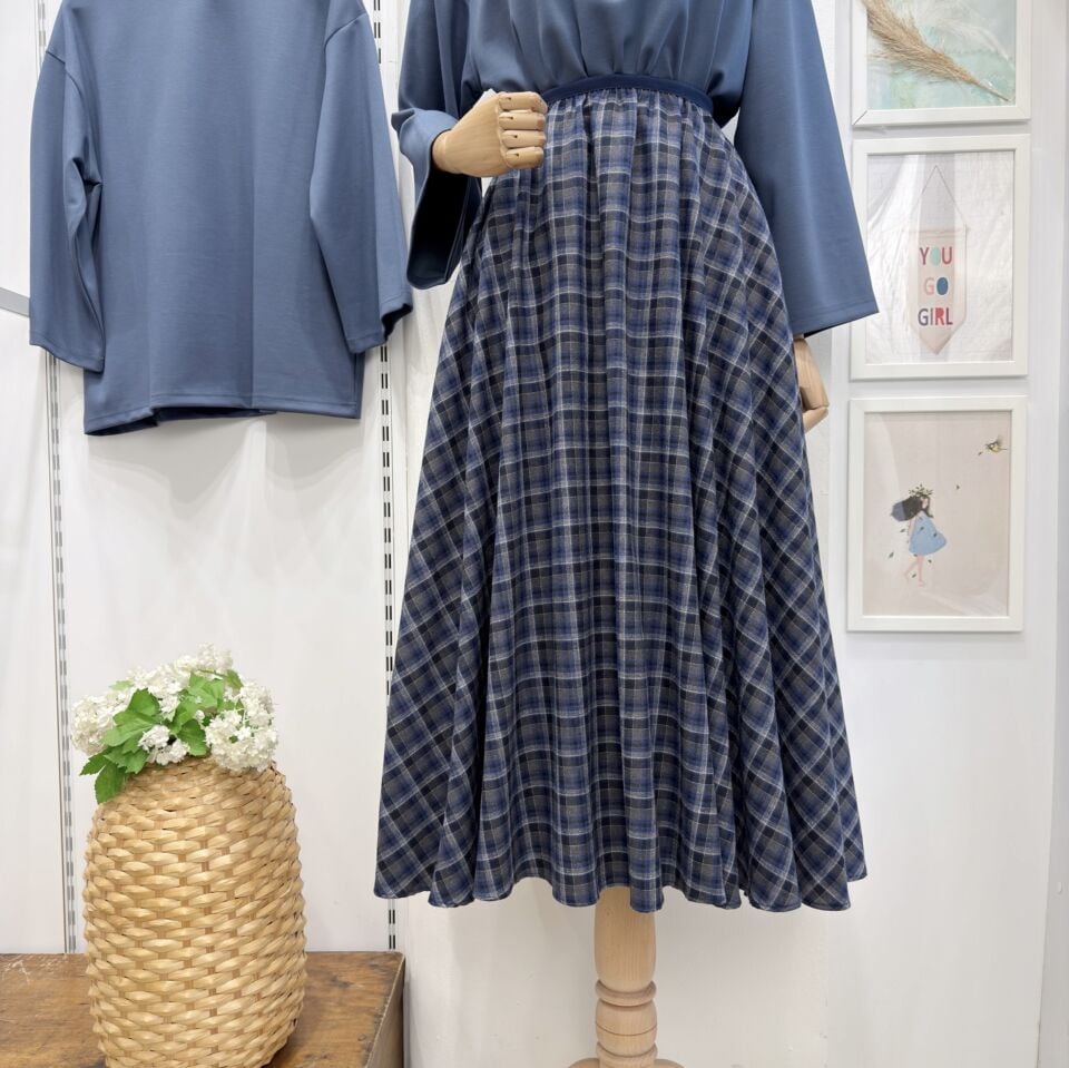 İndigo Mavi Beli Lastikli Ekose Desenli Kloş Etek