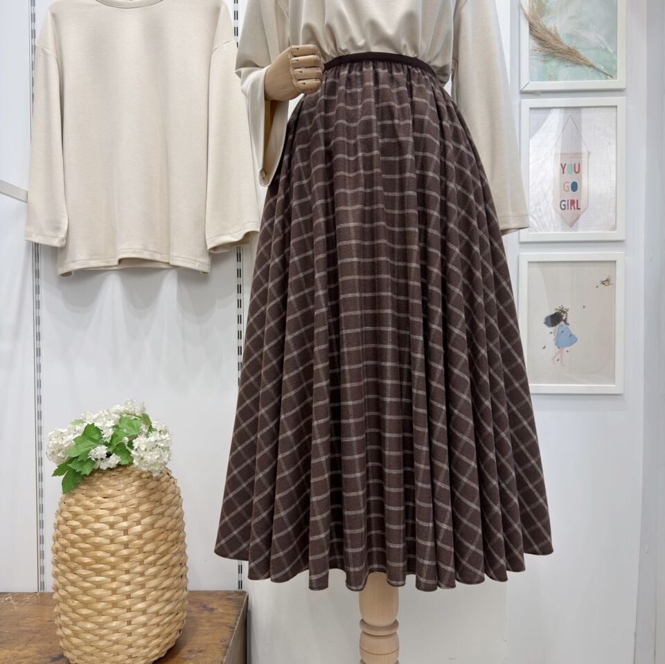 Kahverengi Beli Lastikli Ekose Desenli Kloş Etek