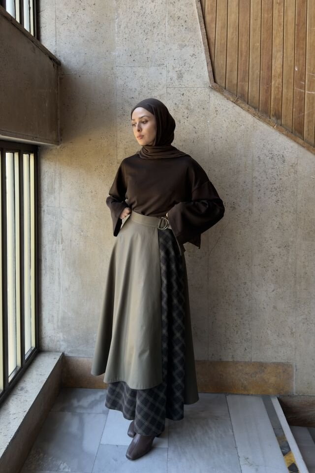 Ekose Detaylı Anvelop Model Yeşil Etek