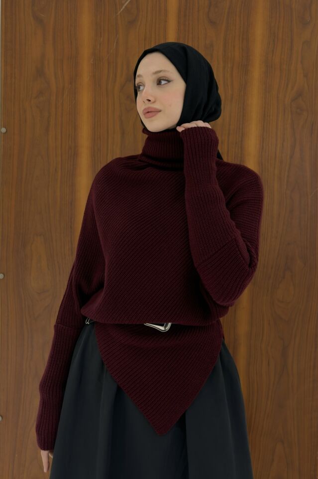 Vişne Rengi Asimetrik Kesim Triko Kazak