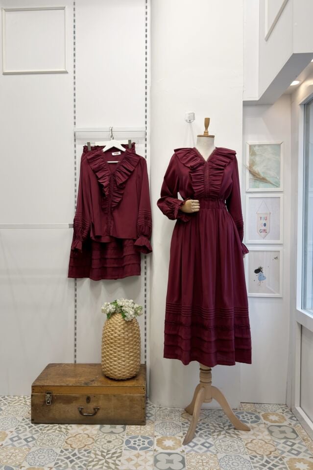 Bordo Fırfır Volanlı Vual Keten Takım