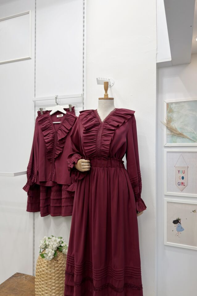 Bordo Fırfır Volanlı Vual Keten Takım