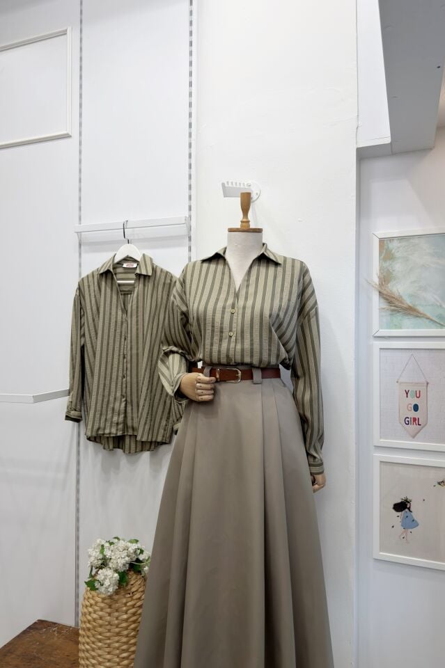 Yeşil Çizgili Oversize Gömlek