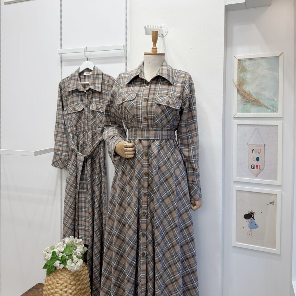 Vizon Ekose Desenli Kuşak Detaylı Elbise