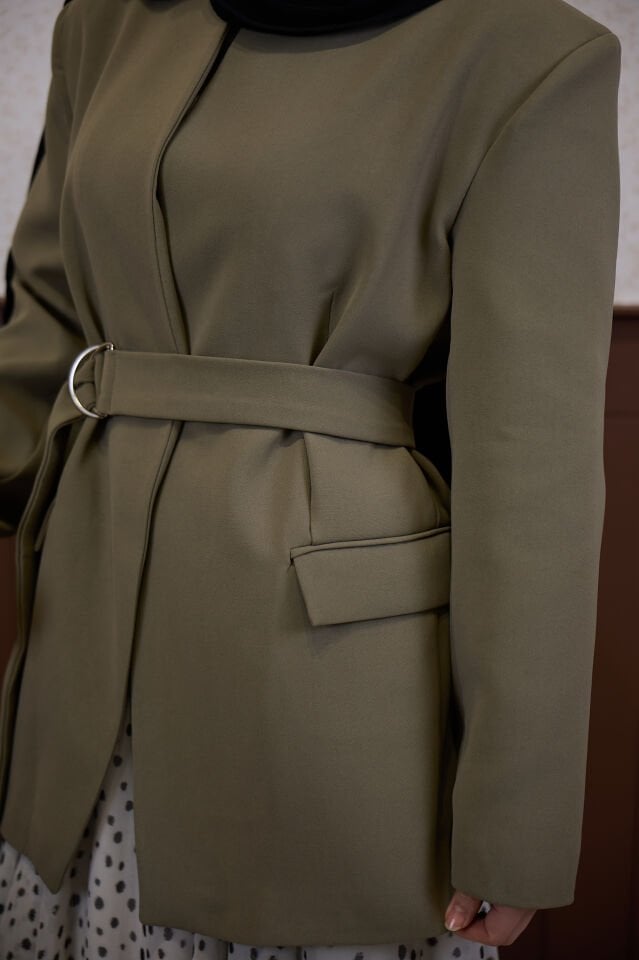 Çağla Yeşili Kuşak Detaylı Blazer Ceket