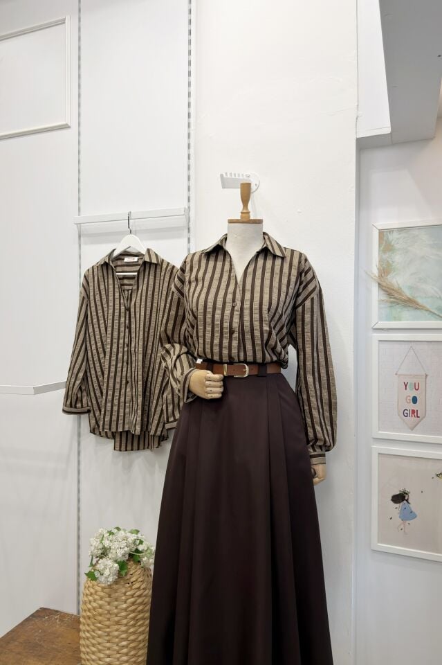 Kahverengi Çizgili Oversize Gömlek