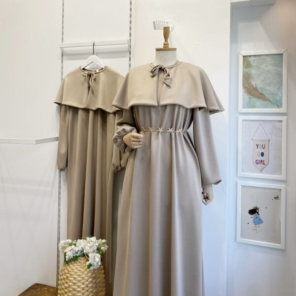 Vizon Pelerin Eklemeli Osyho Kumaş Elbise