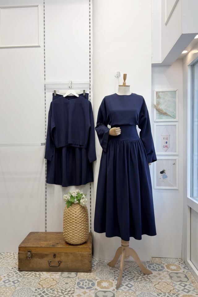 Lacivert Bel Korsajlı Keten Takım