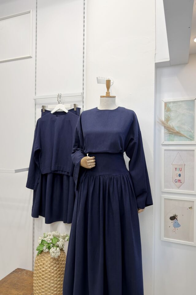 Lacivert Bel Korsajlı Keten Takım