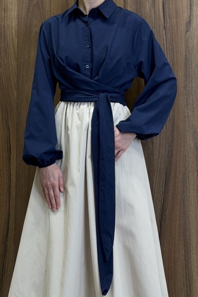 Lacivert Poplin Kumaş Kuşaklı Gömlek