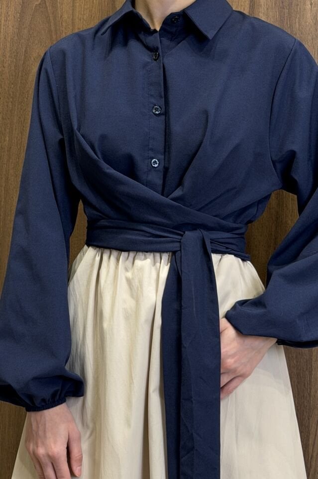 Lacivert Poplin Kumaş Kuşaklı Gömlek