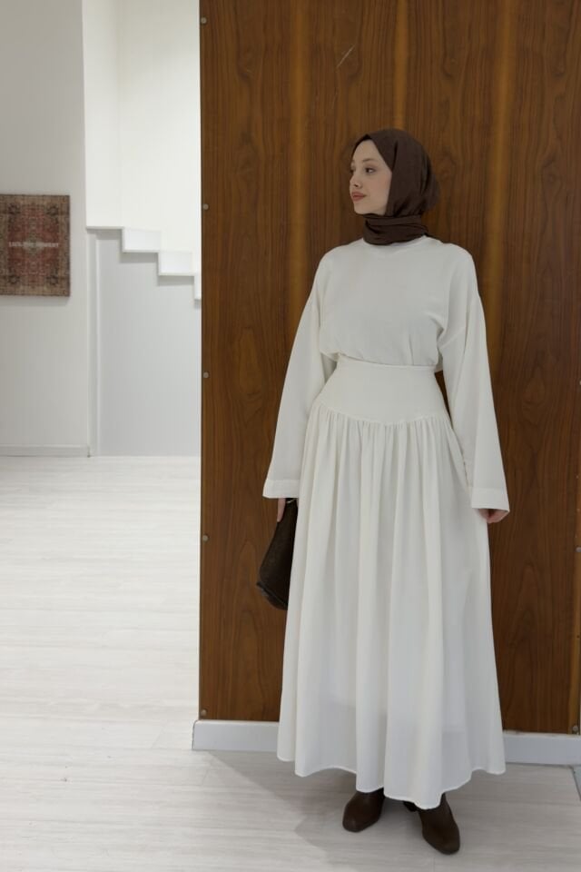 Beyaz Bel Korsajlı Keten Takım