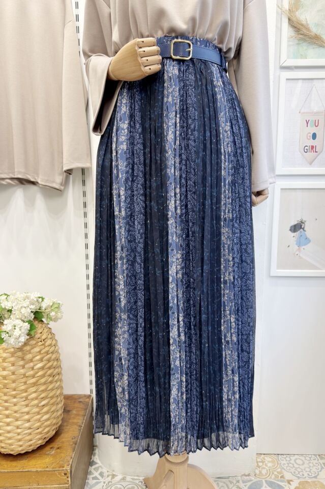 Lacivert Geçişli Piliseli Şifon Etek