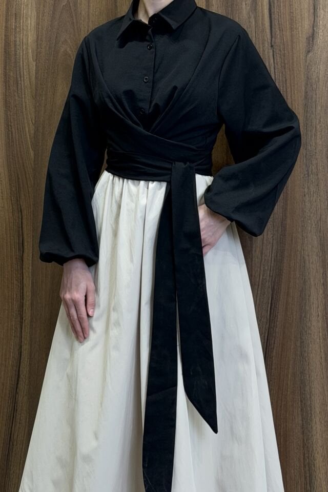 Siyah Poplin Kumaş Kuşaklı Gömlek