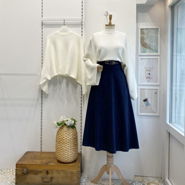 Lacivert Kemerli İvory Kloş Etek