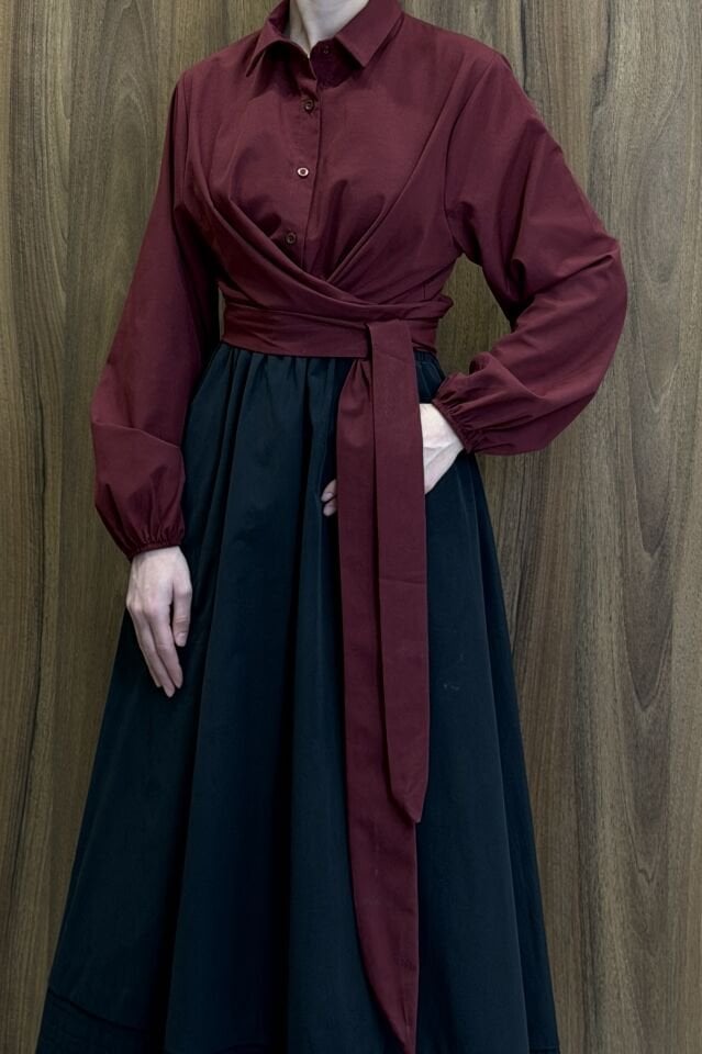 Bordo Poplin Kumaş Kuşaklı Gömlek