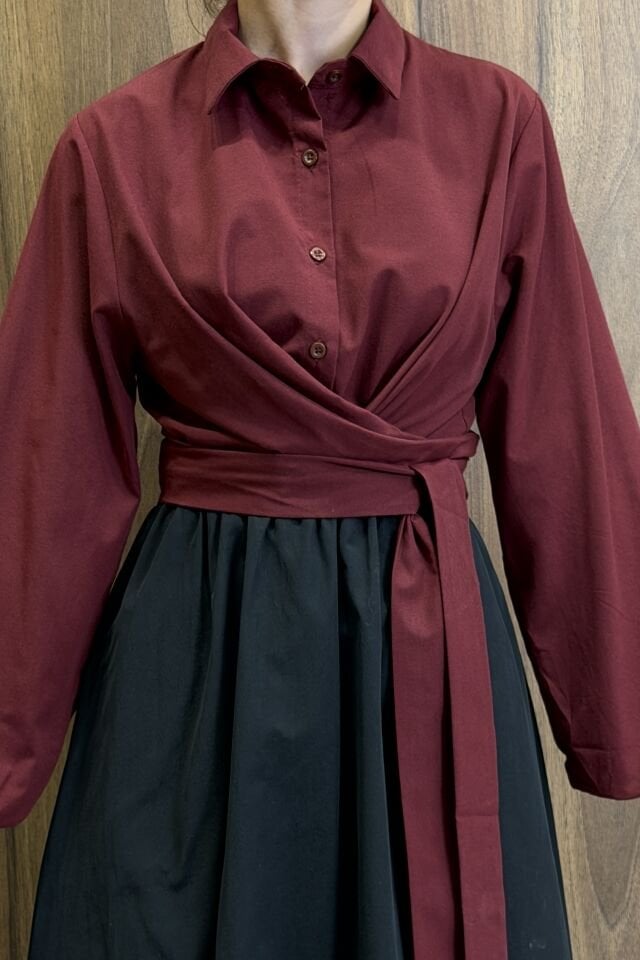 Bordo Poplin Kumaş Kuşaklı Gömlek