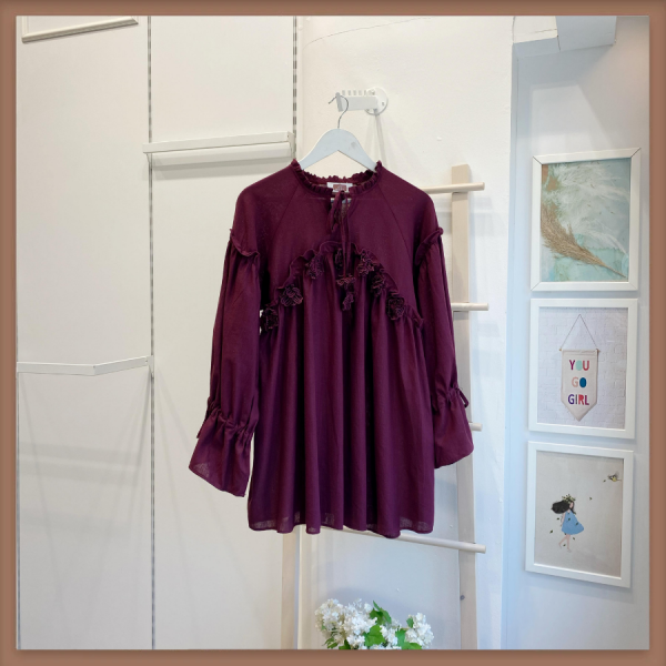 Mürdüm Çiçek Volants İşlemeli Tunik