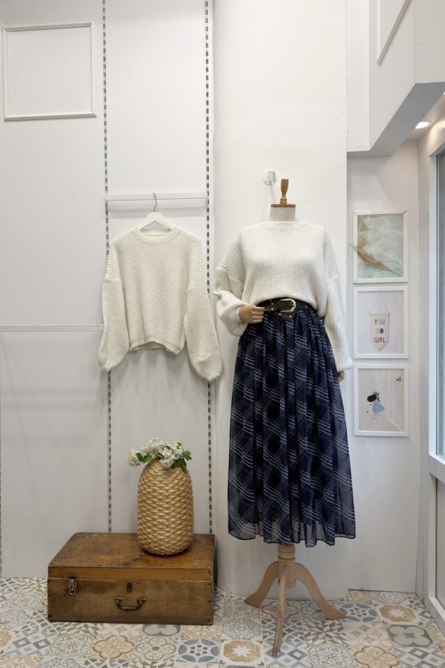 Lacivert Agnesa Ekoseli Şifon Etek