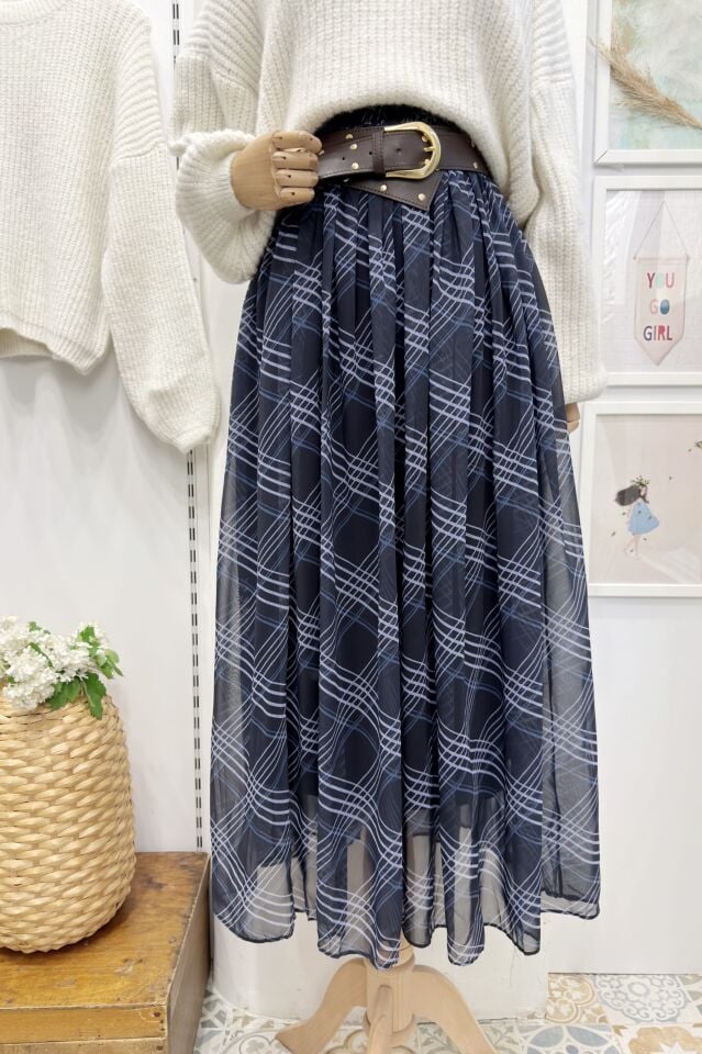 Lacivert Agnesa Ekoseli Şifon Etek