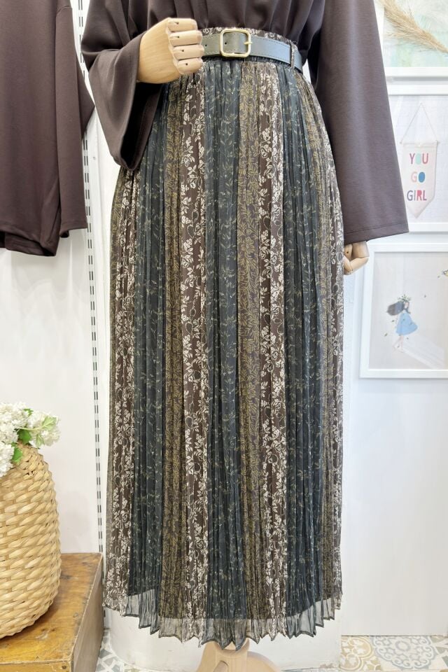 Yeşil Geçişli Piliseli Şifon Etek