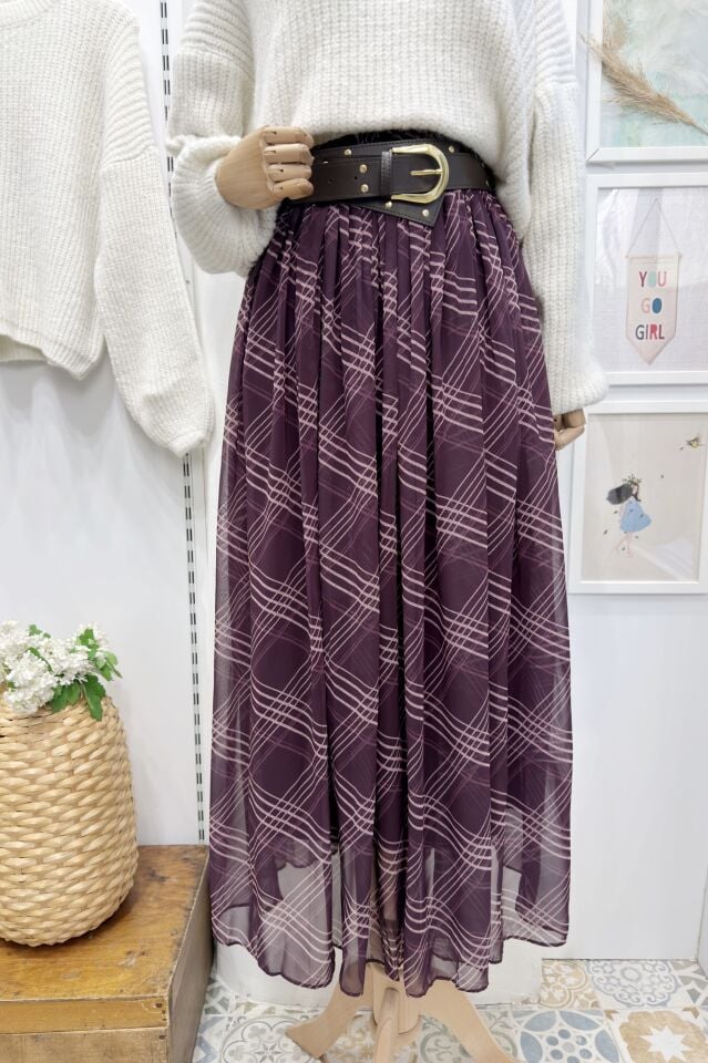 Mürdüm Agnesa Ekoseli Şifon Etek