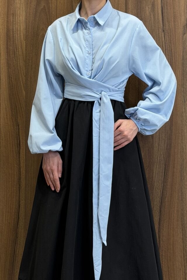 Mavi Poplin Kumaş Kuşaklı Gömlek