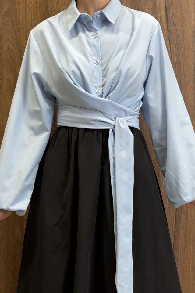 Mavi Poplin Kumaş Kuşaklı Gömlek