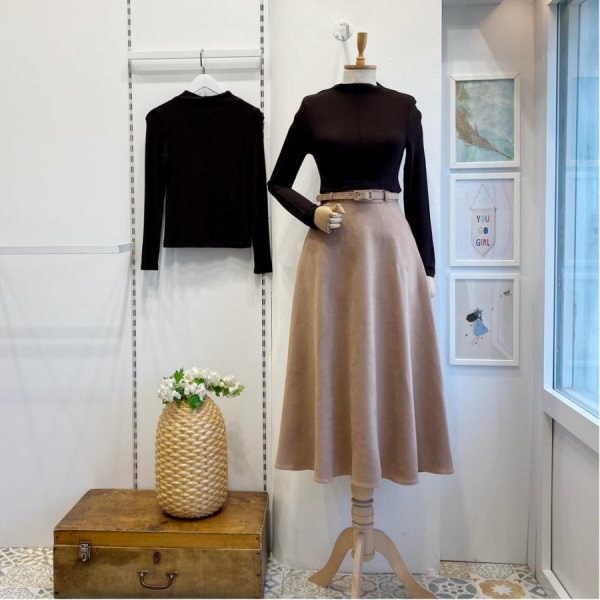 Bej Kemerli Süet Etek