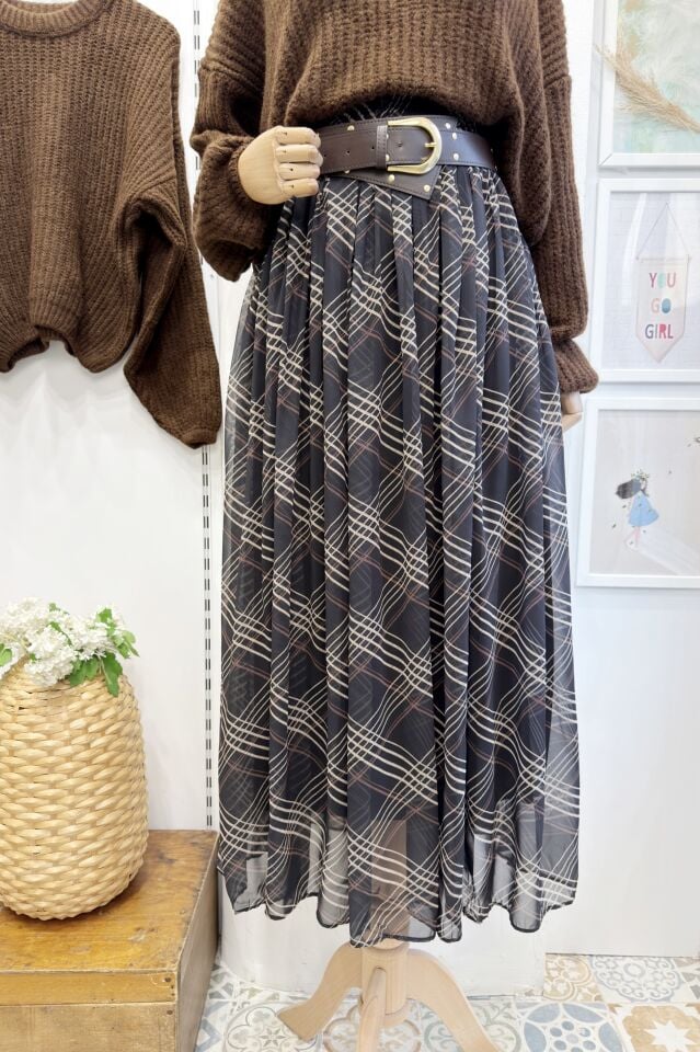 Siyah Agnesa Ekoseli Şifon Etek