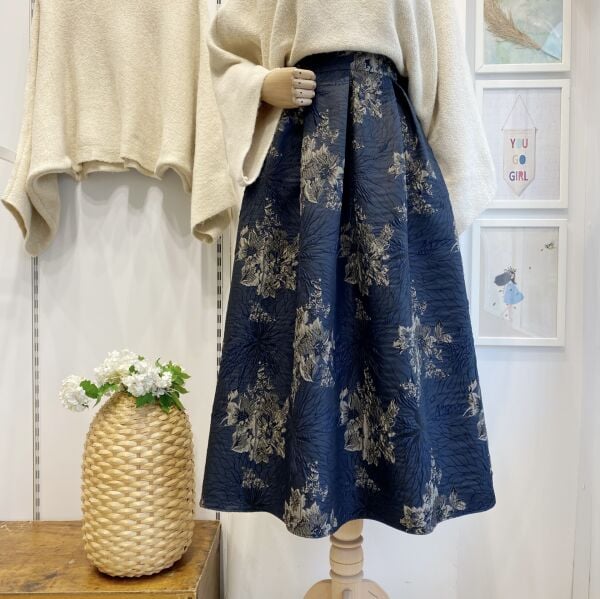 Lacivert Etnik Desenli Bohem Kapitone Etek