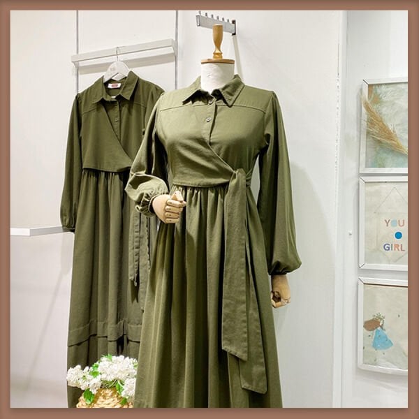 Gabardin crop detaylı haki yeşili elbise