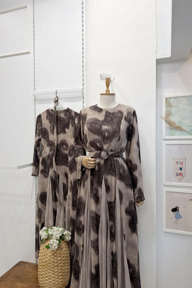 Vizon Desenli Stonella Şifon Elbise